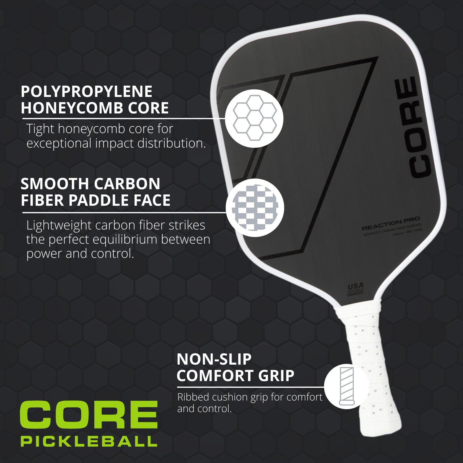 CORE Reaction Pro Pickleball Paddle | T700 Carbon Fiber Surface | MX-1000 - CORE Pickleball