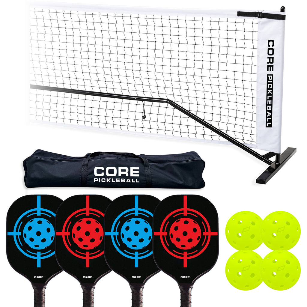 Portable Pickleball Net Set with 4 Pickleball Paddles, Official Size Pickleball Net, 4 Outdoor Pickleballs and Carry Bag, Weather Resistant Strong Steel Frame - CORE Pickleball